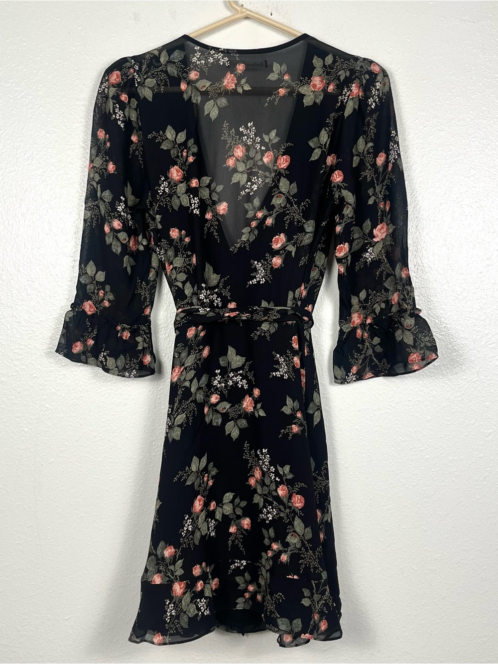 Reformation Zoe Black Rose Floral Ladybug Print Ruffled Mini Wrap Dress Small - Picture 7 of 8
